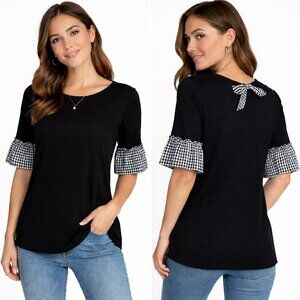 Talbots Black Pima Cotton Gingham bell sleeve Top – Medium